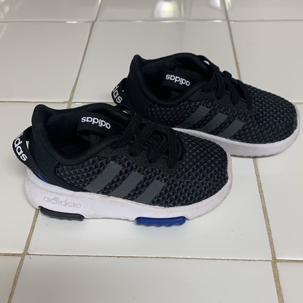 4T Adidas slip on baby sneakers. Black/grey, like new warn once.